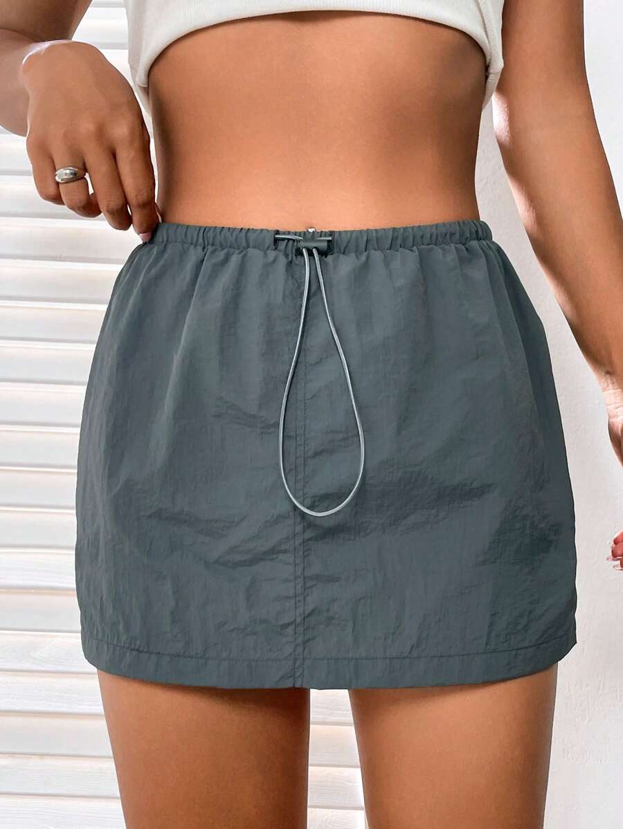 SHEIN EZwear Solid Drawstring Waist Skirt - Grey - View 1