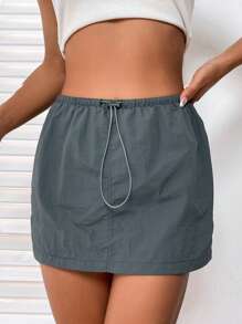 SHEIN EZwear Solid Drawstring Waist Skirt - Grey - View 3