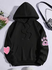 SHEIN Qutie Cartoon Graphic Kangaroo Pocket Drawstring Thermal Hoodie - Black - View 2