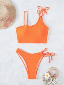 纯色系带侧分体泳衣夏季海滩 - 橘色 - 查看 4