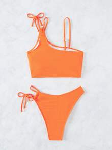 纯色系带侧分体泳衣夏季海滩 - 橘色 - 查看 5