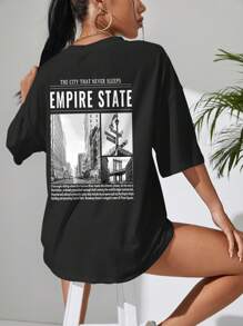 SHEIN EZwear Áo thun nữ Slogan Giải trí - màu đen - Xem 5