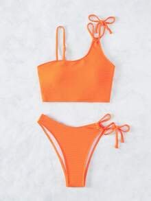 纯色系带侧分体泳衣夏季海滩 - 橘色 - 查看 7