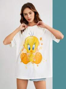 LOONEY TUNES X SHEIN Cartoon TweetyBird Graphic Drop Shoulder Oversized White Tee, Summer - White - View 1