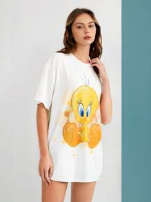 LOONEY TUNES X SHEIN Cartoon TweetyBird Graphic Drop Shoulder Oversized White Tee, Summer - White - View 3
