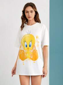 LOONEY TUNES X SHEIN Cartoon TweetyBird Graphic Drop Shoulder Oversized White Tee, Summer - White - View 5
