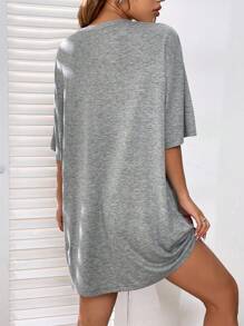 SHEIN EZwear Đầm Cắt ra Nhẫn Bị tách Thú vật Lá thư Giải trí - Xám - Xem 3