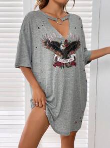 SHEIN EZwear Đầm Cắt ra Nhẫn Bị tách Thú vật Lá thư Giải trí - Xám - Xem 4