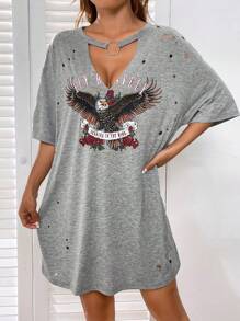 SHEIN EZwear Đầm Cắt ra Nhẫn Bị tách Thú vật Lá thư Giải trí - Xám - Xem 7