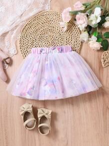 SHEIN 嬰兒獨角獸印花網紗覆蓋半身裙 - 彩色 - 查看 2