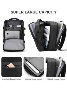15.6inch Large Capacity Carry On Backpack, Expandable Airline Approved Weekender,Laptop Backpack With USB Charging Port, Waterproof Black, Gift For Father,Backpack For Travel, College, School,Hiking - Black - View 7