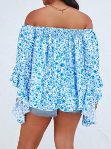 Breezaya 大碼碎花一字肩荷葉袖襯衫 - 藍白色 - 查看 2