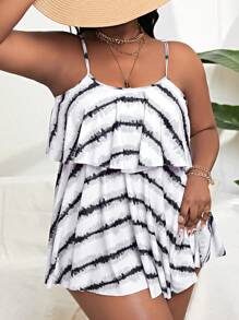 SHEIN Swim Curve Vestido de baño de talla grande con dobladillo de volantes en tie dye para playa de verano - Blanco y Negro - Ver 1