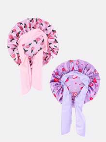 2pcs Kids Printed Elastic Ribbon Round Cap, Suitable For Everyday Use