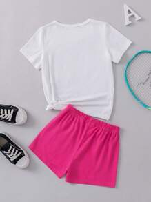 SHEIN 女小童字母圖案運動休閒街頭風短袖T恤和短褲2入組/套適合夏天 - 彩色 - 查看 2