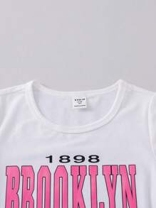 SHEIN 女小童字母圖案運動休閒街頭風短袖T恤和短褲2入組/套適合夏天 - 彩色 - 查看 3