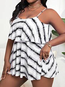 SHEIN Swim Curve Vestido de baño de talla grande con dobladillo de volantes en tie dye para playa de verano - Blanco y Negro - Ver 5