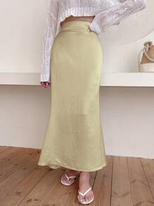 DAZY Solid High Waist Mermaid Hem Satin Skirt