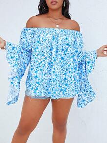 Breezaya 大碼碎花一字肩荷葉袖襯衫 - 藍白色 - 查看 5