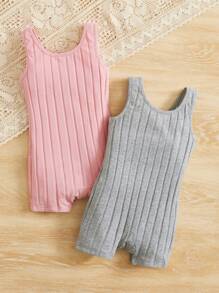 SHEIN Đứa bé gái 2 Miếng Đồ đan Ribbed Áo Tank Romper - Nhiều màu - Xem 2