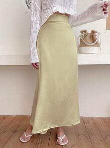 DAZY Solid High Waist Mermaid Hem Satin Skirt