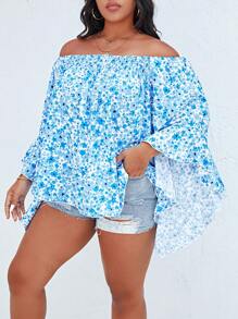 Breezaya 大碼碎花一字肩荷葉袖襯衫 - 藍白色 - 查看 6