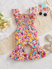 SHEIN Baby Girl Floral Print Ruffle Trim Flare Leg Jumpsuit - Multicolor - View 1