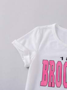 SHEIN 女小童字母圖案運動休閒街頭風短袖T恤和短褲2入組/套適合夏天 - 彩色 - 查看 5