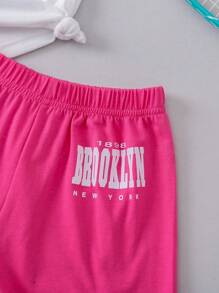 SHEIN 女小童字母圖案運動休閒街頭風短袖T恤和短褲2入組/套適合夏天 - 彩色 - 查看 6