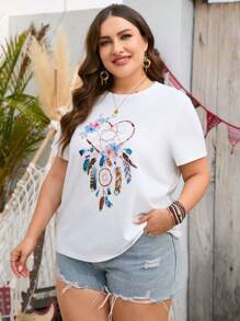 SHEIN LUNE 大碼捕夢網印花T恤 - 白色 - 查看 1