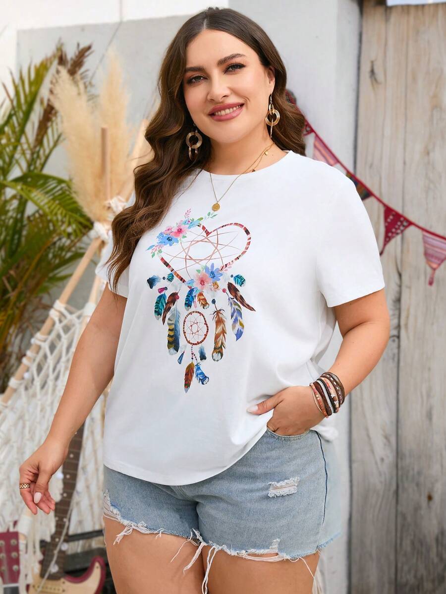 SHEIN LUNE 大碼捕夢網印花T恤 - 白色 - 查看 1