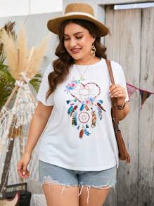 SHEIN LUNE 大碼捕夢網印花T恤 - 白色 - 查看 3