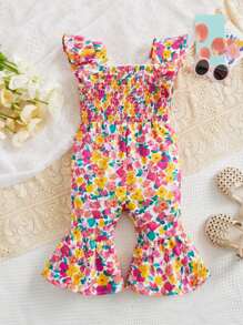 SHEIN Baby Girl Floral Print Ruffle Trim Flare Leg Jumpsuit - Multicolor - View 2
