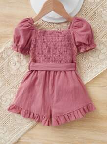 SHEIN Bebé 1 pieza Mono de manga farol bajo con fruncido con cinturón - Rosa vieja - Ver 11