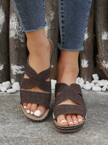 Mujer Sandalias con cuña con bordado con tira cruzada moda - Marrón Chocolate - Ver 4