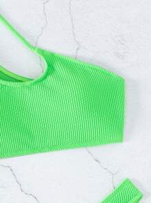 Plain One Shoulder Summer Beach Bikini Set - Green - View 5