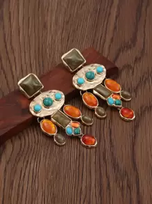 1pair Vintage Exaggerated Green Turquoise Polyresin Earrings For Women - Multicolor - View 5