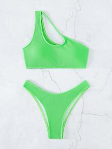 Plain One Shoulder Summer Beach Bikini Set - Green - View 7