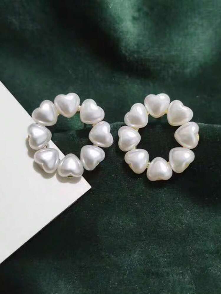 女士珍珠圆形耳钉一对 - 米色 - 查看 1