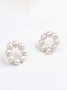 女士珍珠圆形耳钉一对 - 米色 - 查看 2