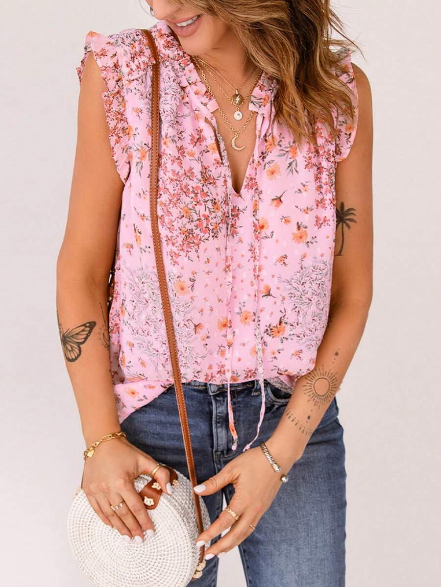 Acelitt Áo sơ mi nữ viền lá sen Xù Hoa Boho - Hồng - Xem 1