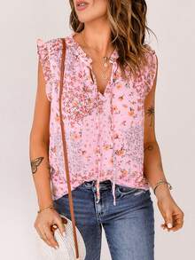 Acelitt Áo sơ mi nữ viền lá sen Xù Hoa Boho - Hồng - Xem 3