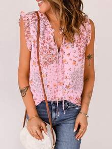 Acelitt Áo sơ mi nữ viền lá sen Xù Hoa Boho - Hồng - Xem 4