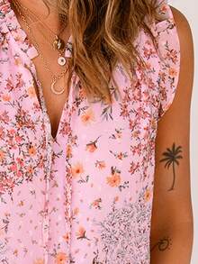 Acelitt Áo sơ mi nữ viền lá sen Xù Hoa Boho - Hồng - Xem 5