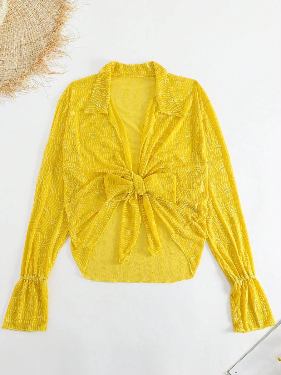 前繫帶荷葉袖網紗和服罩衫 - 黃色 - 查看 1