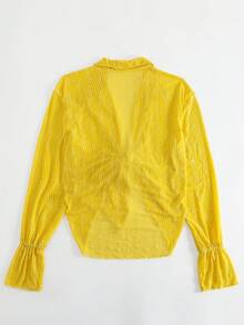 前繫帶荷葉袖網紗和服罩衫 - 黃色 - 查看 2