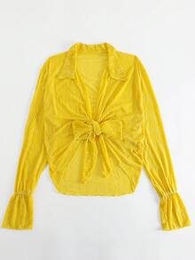 前繫帶荷葉袖網紗和服罩衫 - 黃色 - 查看 3
