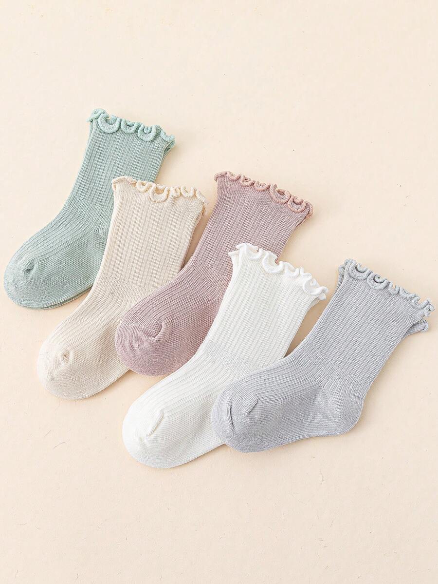 5pairs Baby Girl Lettuce Trim Crew Socks - Multicolor - View 1