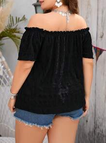 Reflora 大碼一字肩褶邊褶皺紋理襯衫 - 黑色 - 查看 2