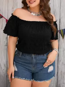 Reflora 大碼一字肩褶邊褶皺紋理襯衫 - 黑色 - 查看 4